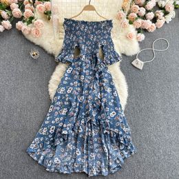 SINGREINY Irregular Floral Ruched Dress Women Slash Neck Flared Sleeve Holiday Sundress Summer Bohemian Print Ruffles Midi Dress 210419