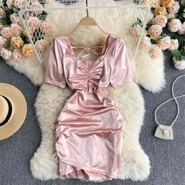 Fashion Women's Satin Dress Criss-cross Chain Ruched V-neck Short Sleeve Summer Folds Slim Fit Mini Party 210603