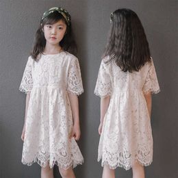 Girl White Lace Hallowen Out Dress for Kids Short Sleeve Cotton Summer Flower Girls Wedding Costume 210529