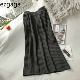 Ezgaga Midi Skirts Women Autumn Korean Style Elegant High Waist Y2k Skirt Bodycon A-Line Solid Black Split Office Lady Elegant 210430