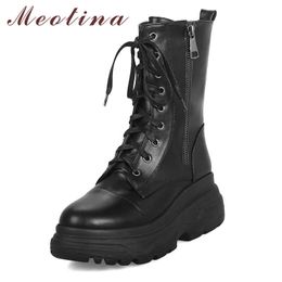 Meotina Winter Motorcycle Boots Women Zipper Flat Platform Ankle Boots Punk Lace Up Round Toe Shoes Ladies Autumn Big Size 33-43 210608