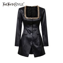 TWOTWINSTYLE Sexy Patchwork Chain Suit Female Square Collar Long Sleeve High Waist Mini Two Piece Set For Women Autumn 210517