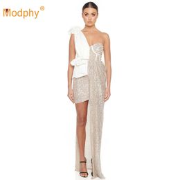 Autumn Shiny Sequin Bodycon Long Dress Sexy Sleeveless One-Shoulder Backless Celebrity Runway Party Split Vestido 210527