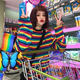 Autumn Korea ulzzang Harajuku bf Tops rainbow stripes fashion casual long-sleeved tee street loose section O-neck women t-shirt 210608