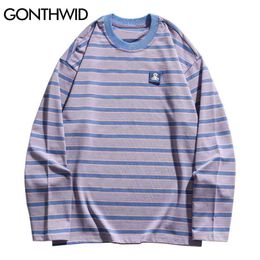 T-Shirts Harajuku Cartoon Bear Patch Stripe Long Sleeve Tshirts Streetwear Hip Hop Casual Cotton Loose Tees Fashion Top 210602