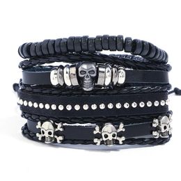 Bangle Jessingshow 4pcs/set Adjustable Leather Bracelets Men Braided Black Skull Women Wood Beads Charm Bracelet Jewellery Gift