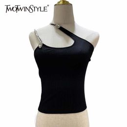 Black Asymmetrical Vests For Women Skew Collar Sleeveless Patchwork Diamond Slim Tank Tops Female Summer Style 210524