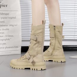 British Style Boots Womens Summer Thin 2022 New Canvas High-Top Shoes Thick Bottom All-Match Thin Motorcycle Boots