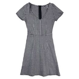 PERHAPS U Empire A-line Plaid V Neck Short Sleeve Mini Dress Black Summer Casual Corean D1069 210529