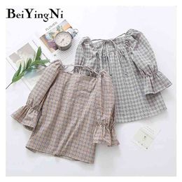 Summer Sweet Cute Womens Shirts Plaid Vintage Casual Puff Sleeve Blouses Korean Tops Girls Blusas Lace-up Clothes 210506