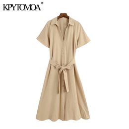 Women Fashion With Belt Button-up Midi Dress Lapel Collar Short Sleeve Female Dresses Vestidos Mujer 210420