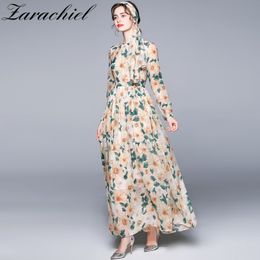 Runway Holiday Maxi Summer Women Sleeve Floral Print Sashes Pleated Boho Chiffon Long Dresses With Scarf 210416