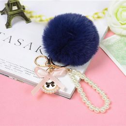 Kimter Pearl Pompoms Key Rings Jewellery Fluffy Rabbit Fur Ball Keychain Women Fashion Creative Fuzzy Plush Keyfobs