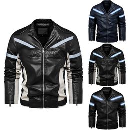 Men's Fashion PU Leather Jacket Night Reflective Motorcycle Jacket Warm Patchwork Winter Coat with Zipper Pocket 211111