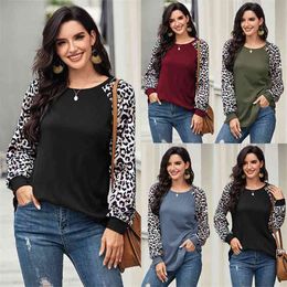 Autumn Splicing Leopard Print Long Sleeve Round Neck Fashion Loose Casual Pullover Women's Top Cool Plus Size 210522