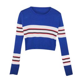 PERHAPS U Women Blue White O Neck Long Sleeve Striped Knitted Short Top B0197 210529