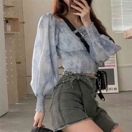 Foridol Elegant Long Sleeve Summer Spring Blouse Shirt Women Tie Dye Crop Top Pink Short Tops Blusas De Mujer 210415