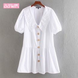 French Wild Sweet Embroidered Loose Single-breasted White Female Dress V-neck Hollow Simple Chic Women's Tops 210507