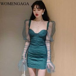 WOMENGAGA Spring Foreign Style Annual Meeting Party Sexy Slim Fit Hip Mesh Lace Stitching Chest Mini Dresses Woman 6H9B 210603