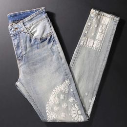 Street Style Fashion Men Jeans Retro Blue Elastic Slim Fit Fray Hole Ripped Printed Designer Hip Hop Denim Punk Pants