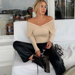 Elegant Off The Shoulder Slim Knitted Sweater Tops Women Clothes Pull Femal Vintage Ladies Pullover Jumper Mujer Winter 210415