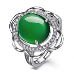Womens Rings Crystal Hollowed flowers Green Agate green jade ring open inlaid with diamond high-grade Jewelry Lady Cluster styles Band