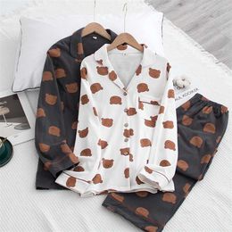 Japanese style spring and autumn couple cotton long-sleeved trousers pajamas suit female four seasons home service suit men 211112