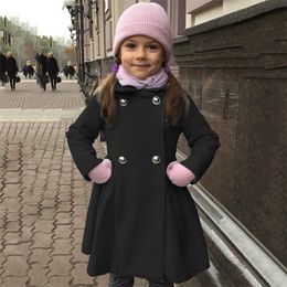 Baby Girl Spring Fall Metal Button Horn Buckle Lapel Solid Kids Coat For Girls Clothes Long Coats 211204