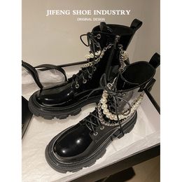 pearl chain thicksoled martin boots fashion womens black short boots zipper womens leather shoes