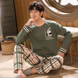 Men's Winter Warm Pyjamas 100% Cotton Sleepwear Home Wear Cartoon Panda Print Pyjama Male Casual Long Sleeve Plus Size Sets Suit 210812
