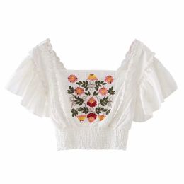 Summer Women Flower Embroidery Butterfly Sleeve Short Blouse Female Square Collar Smock Shirt Casual Lady Slim Tops Blusas S8792 210430