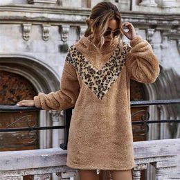 leopard print faux fur sweatshitrt dress women autumn winer hoodies khaki short fluffy dress fuzzy warm dress 210415