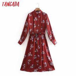 Fashion Women Red Flowers Print Shirt Long Sleeve Office Ladies Midi Dress with Slash XN120 210416