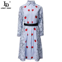 Fashion Runway Summer Embroidery Midi Dress Women Long Sleeve Elegant Striped Print Bohemian Shirt style Dresses 210522