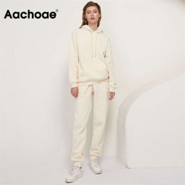 Aachoae Solid 100% Cotton Suits Women Set Fleece Pullover Hooded Hoodies Sweatshirts Casual Pants Tracksuit Plus Size 210925