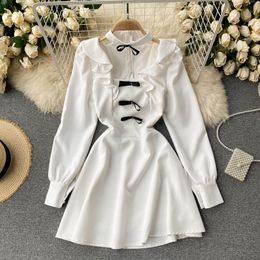 Summer Fashion Beading Bow Halter Women Sexy Long Lantern Sleeve Ruffles High Waist Party Mini Dress Vestidos 210416