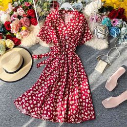 Summer Floral Print Dress Women Fashion V Neck Short Sleeve With Belt Bandage Dresses Vintage Ladies Casual Long Robe 210525