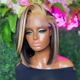 Lace Wigs Highlight Blonde Coloured Blunt Cut Short Bob 13x6 Front Human Hair For Black Women HD Frontal Wig Nabeauty