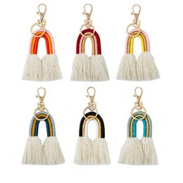 Keychains & Lanyards Weaving Rainbow Keychains for Women Boho Handmade key Holder Keyring Macrame Bag Charm Car Hanging Jewellery Gifts 17 Colours IYSG