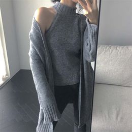 High Quality Autumn Winter Two Piece Set Women Knitted Pullovers Sweater Tops & Long Knitting Cardigans Jacket Coat 2 210514