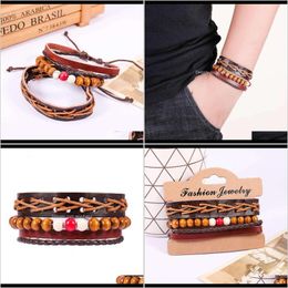 Charm Bracelets Jewellery Drop Delivery 2021 Street Racket Leather Ethnic Wind Wooden Bead Multi Layer Braided Bracelet Set Amksy
