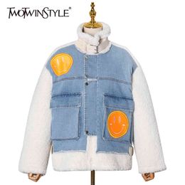 TWOTWINSTYLE Casual Patchwork Denim Jacket For Women Stand Collar Long Sleeve Smiling Face Casual Cotton Coat Female Winter 210517