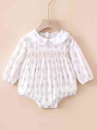 Baby Floral Print Peter Pan Collar Shirred Bodysuit SHE