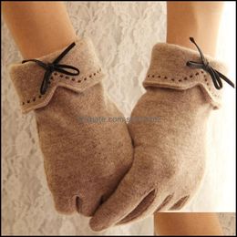 Fingerless Mittens Hats, Scarves & Aessories Fashion Elegant Female Wool Touch Screen Winter Women Warm Cashmere Fl Finger Leather Bow Dotte