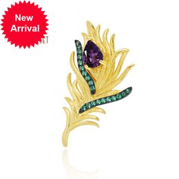 GEM'S BALLET Leaf Pin 925 Sterling Silver Wedding Jewellery Women 1.08Ct Natural Amethyst Bohemia Feather Brooch and Pins