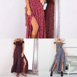 Sexy Strapless Beach Summer Dress Sundresses Vintage Bohemian Maxi Dress Robe Femme Boho Floral Women Split Long Dresses Vestido X0521