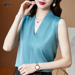 Summer Sleeveless Satin Women Blouse and Tops Casual Solid Color V Neck Fashion Women Clothing Plus Size Lady Shirts 13381 210527