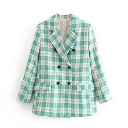 Vintage women green plaid blazer jackets spring-autumn fashion ladies notched collar casual female coats girls chic 210427