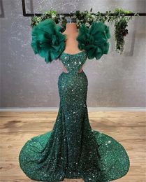 Emrald Green Evening Dresses With Ruffles Sexy Crystal Sequins Prom Gowns For Party Dress Vestidos De Fiesta