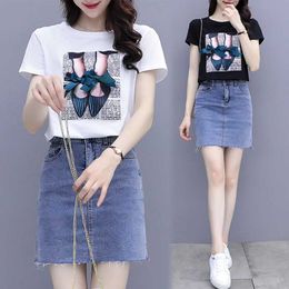 Summer Female Sweet Bead Bow print Short Sleeve White T-shirt + Denim Skirt two-piece sets 210531